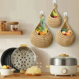Cestas colgantes para cocina, cestas de frutas montadas en la pared, cesta colgante para organizar Boho, almacenamiento tejido hecho a mano