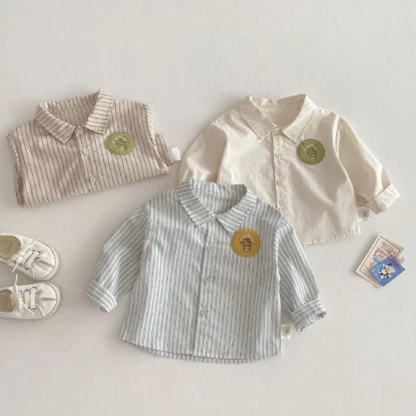 2025 primavera nueva camisa de moda para niños, Top de retazos a rayas de estilo coreano para niños pequeños, camisa de primavera de moda para bebés