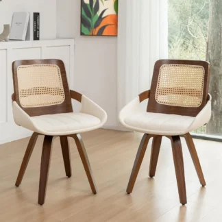 Un juego de 2 sillas de comedor giratorias de ratán, reposabrazos curvos, sillas de comedor de nogal para cocina/reunión/comedor/sala de estar