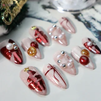 10 Uds. De uñas postizas hechas a mano con purpurina, naranja y rosa, con decoración de perlas de árbol de Navidad rojo, uñas postizas artificiales