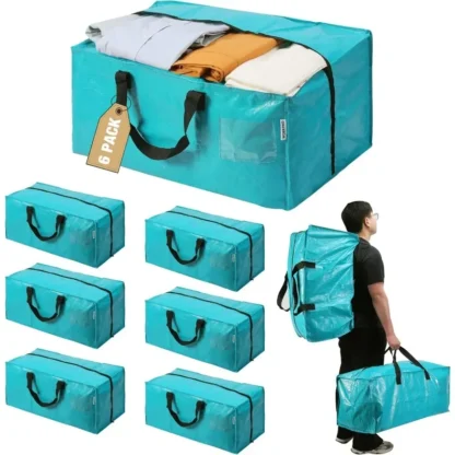 Paquete de 6 bolsas para mover extragrandes con cremalleras y asas de transporte, correas para mochila, bolsa de almacenamiento resistente para ahorrar espacio