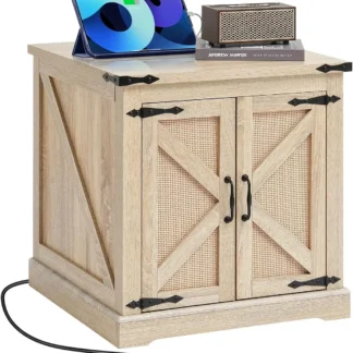 Mesa auxiliar de granja, mesa de centro rectangular de madera tejida de ratán PE, mesa de centro de almacenamiento de estilo bohemio moderno de 24 pulgadas