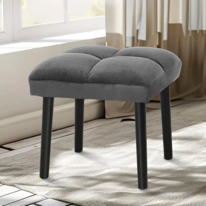 Taburete de tocador gris, taburete otomano cuadrado con patas de madera, pequeño taburete otomano para tocador, sofá acolchado moderno