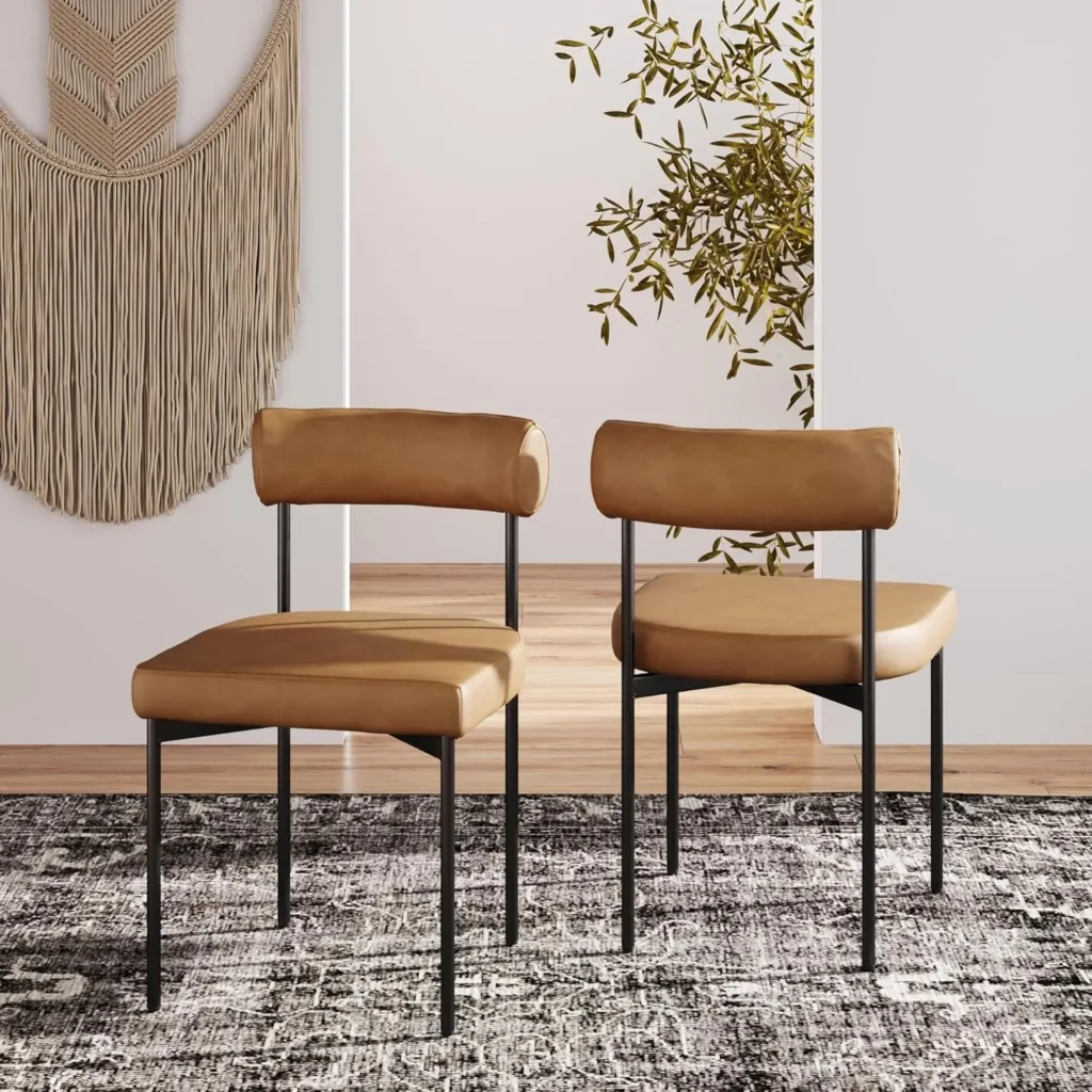 Silla de cocina y comedor moderna Dahlia con patas de metal y tapizado de cuero vegano, marrón/negro, juego de 2
