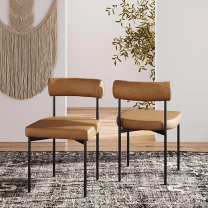 Silla de cocina y comedor moderna Dahlia con patas de metal y tapizado de cuero vegano, marrón/negro, juego de 2