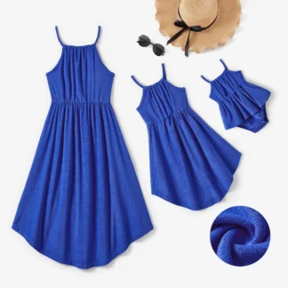 PatPat Mommy and Me Vestido de tirantes plisado de rizo azul