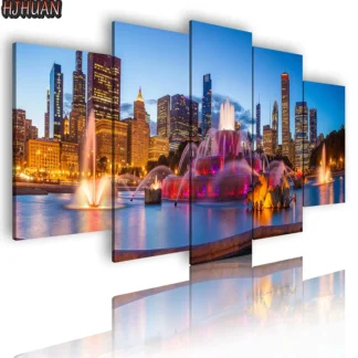 Pintura de diamante artesanal de 5 uds., vista nocturna de Hong Kong, punto de cruz de diamante, bordado cuadrado completo, imágenes artísticas de mosaico, regalo de decoración