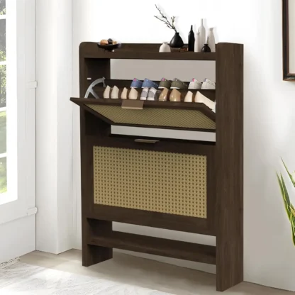 Zapateros con 2 cajones abatibles de ratán y estante de almacenamiento adicional, estante organizador de zapatos estrecho independiente para entrada, roble marrón