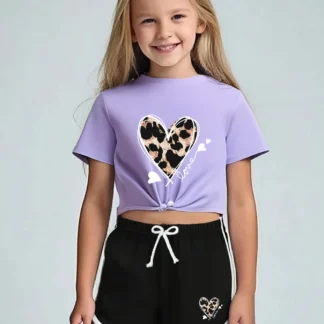 Conjunto de camiseta y pantalones cortos con cordones de dos piezas para niña de verano, informal y cómodo, sencillo y lindo, multifuncional, estampado de amor creativo.