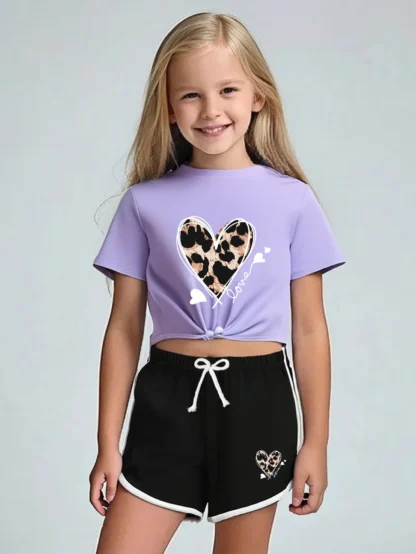 Conjunto de camiseta y pantalones cortos con cordones de dos piezas para niña de verano, informal y cómodo, sencillo y lindo, multifuncional, estampado de amor creativo.
