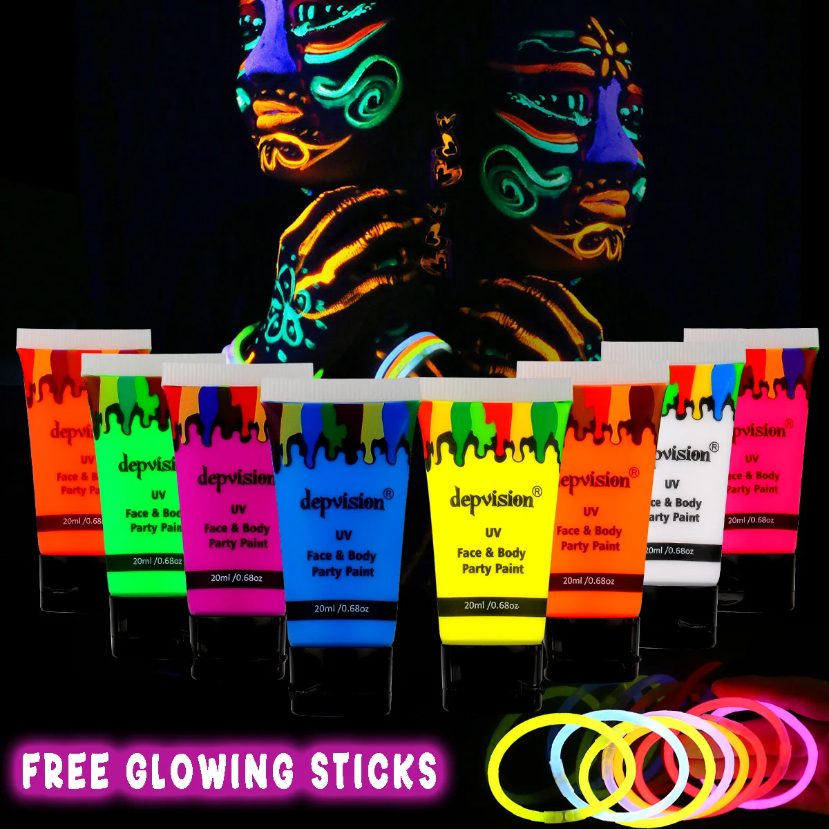 Depvision-pintura facial y corporal que brilla en la oscuridad, luz negra fluorescente reactiva para salón de Navidad, 8x20 ml (0,68 floz)