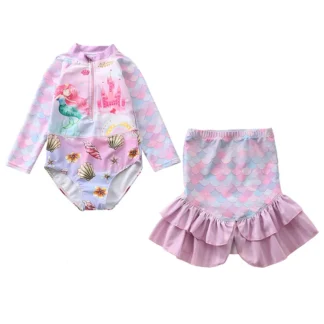 HappyFlute-Conjunto de 2 piezas para niñas, traje de baño de manga larga con estampado de sirena dividida, falda de cola de pez, Playa