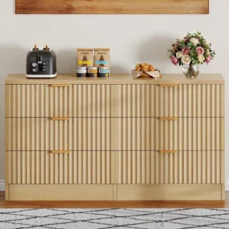 Cómoda doble estriada con 6 cajones, mueble de almacenamiento con cómoda de MDF, natural