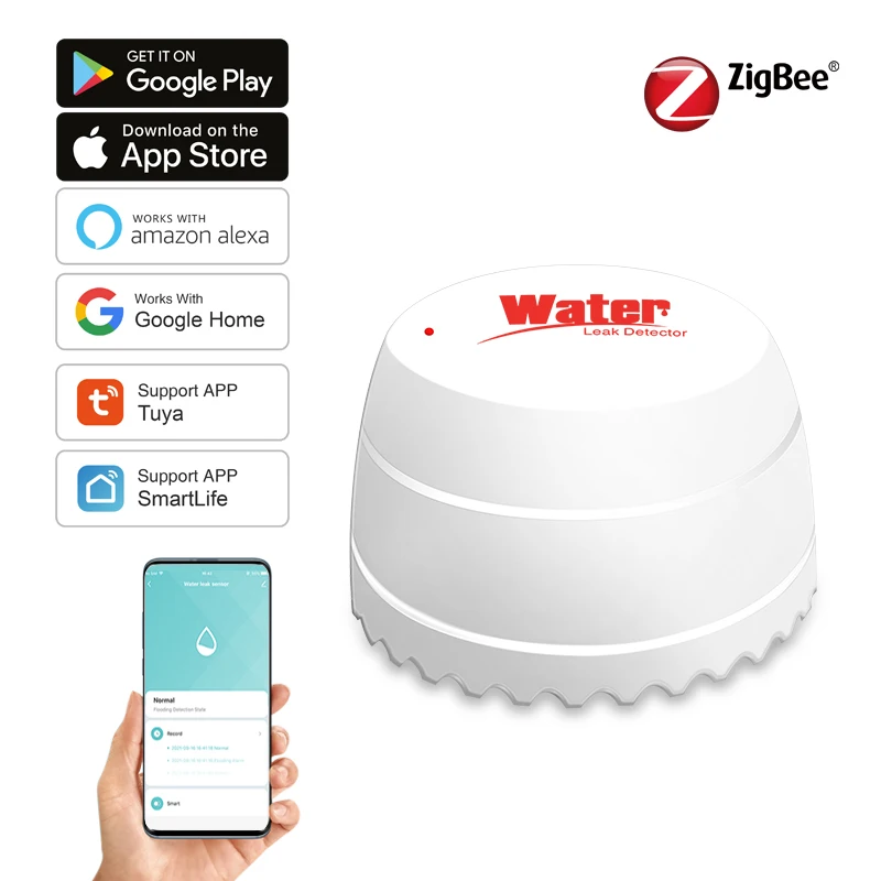 Tuya Smart para Zigbee, Sensor de agua, Detector de fugas de agua de inundación, alarma de sonido de 55dB, por aplicación Smartlife monitoreo remoto, necesita Zigbee Hub