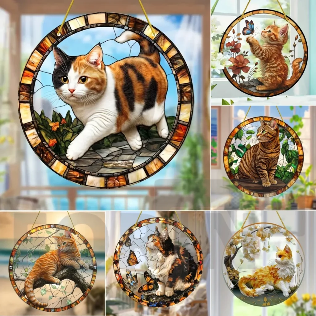 Atrapasueños teñido de gato animado y encantador, colgante translúcido acrílico redondo, porche, puerta, hogar, jardín, decoración de habitación, regalo Ideal