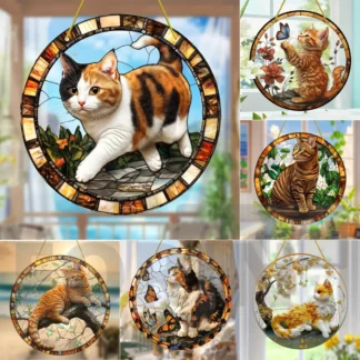 Atrapasueños teñido de gato animado y encantador, colgante translúcido acrílico redondo, porche, puerta, hogar, jardín, decoración de habitación, regalo Ideal