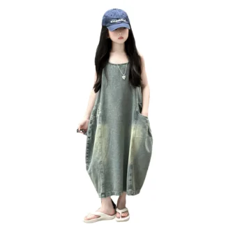Vintage azul niños niñas alta calidad vestido vaquero sin mangas ropa de calle traje moda verano niños ropa vaquera de lujo