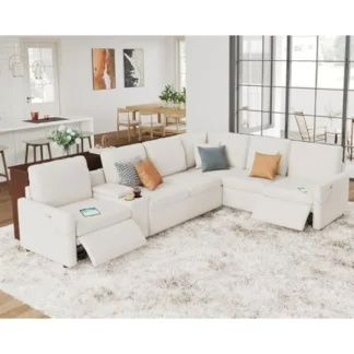 Sillón reclinable, sofá modular de cuero antiarañazos Shpaed de 6 asientos con portavasos y puerto USB, sofá seccional reclinable con consola