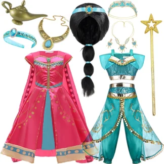 Nuevo vestido sin mangas de princesa Jasmine para niña, disfraz de Carnaval, niña de Aladino, Halloween, Navidad, conjunto de dos piezas, conjunto de vestido verde