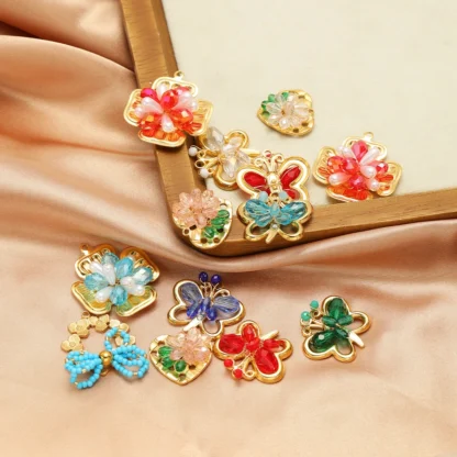 3 uds. De dijes de flores con cuentas de cristal de acero inoxidable, colgante de corazón con lazo a granel para hacer joyería DIY para mujer, Material para collar y pendientes