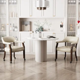 Sillas de comedor grandes con ruedas y brazos, juego de 2, sillas de capitán con ruedas y patas de madera maciza, sillas de escritorio de oficina