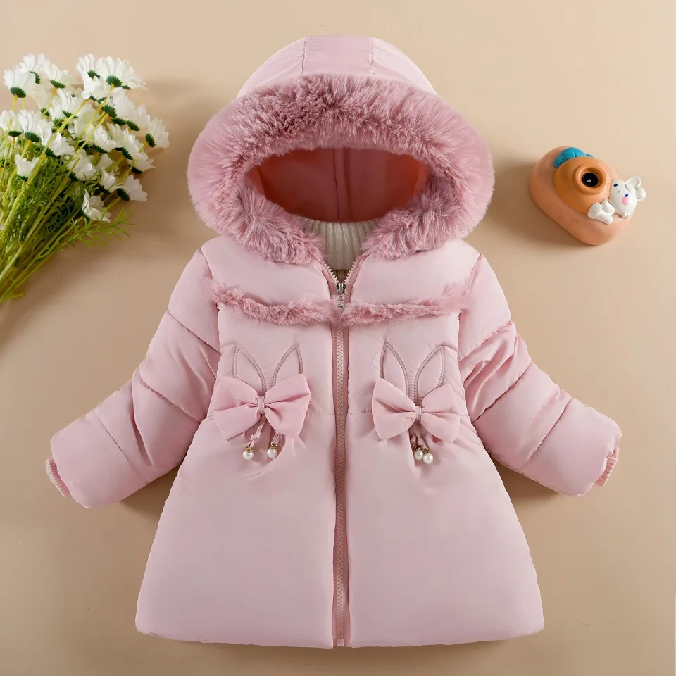 Chaqueta de felpa para niñas, abrigos con forro de lana de cordero con decoración de lazo de Color sólido para invierno, traje de nieve grueso con capucha y Cuello de piel para niños de 1 a 4 años