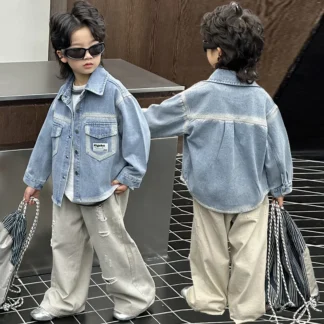Primavera otoño moda bebé chaqueta vaquera con bolsillo frontal infantil niño Casual Jeans abrigo traje niños ropa de calle fresca