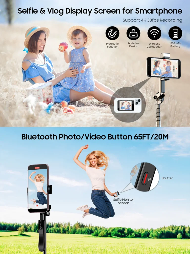 Monitor de Selfie inalámbrico magnético de 1500mAh, misma pantalla compartida para IPhone, Android, teléfono inteligente, cámara trasera, grabación de vídeo Vlog, Selfie
