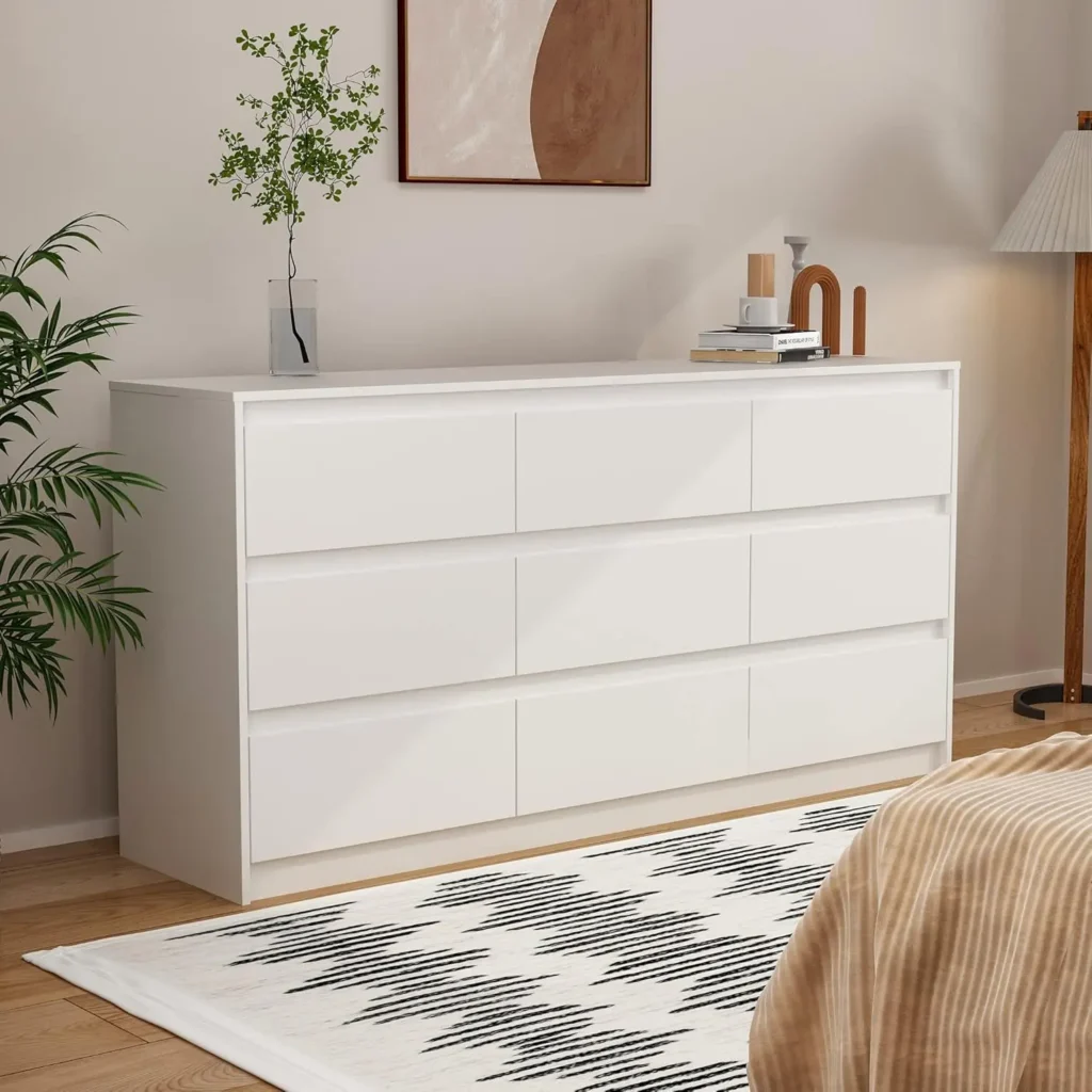 Cómoda doble de madera con gran espacio de almacenamiento para dormitorio, cómoda moderna de 9 cajones, color blanco (63 "L X 15,7" W X