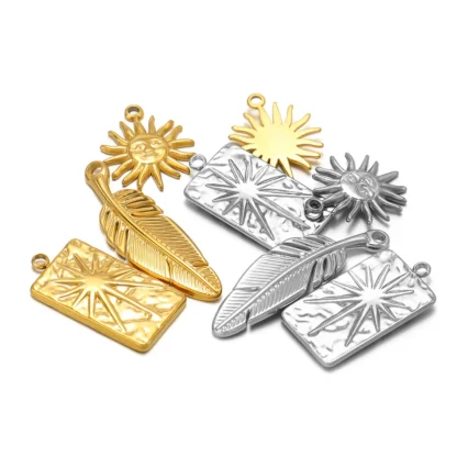 5 uds. De etiquetas de plumas, dijes de flor de sol, colgantes de acero inoxidable de Color dorado, collar, pendientes, fabricación para accesorios de joyería DIY a granel