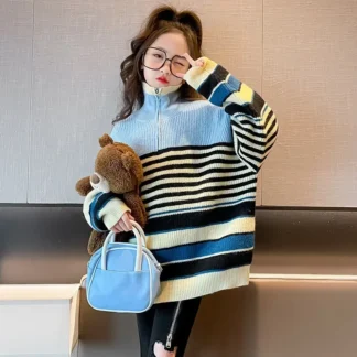 Suéteres coreanos de Otoño Invierno para niños y niñas, prendas de vestir a rayas con cuello alto y media cremallera para adolescentes, Tops tejidos cálidos para niñas escolares