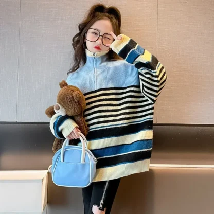 Suéteres coreanos de Otoño Invierno para niños y niñas, prendas de vestir a rayas con cuello alto y media cremallera para adolescentes, Tops tejidos cálidos para niñas escolares