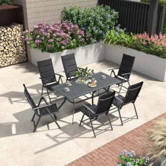 Juego de comedor al aire libre para 6 personas con mesa de listones ajustable en altura totalmente de aluminio y sillas plegables acolchadas, muebles de jardín modernos para comedor