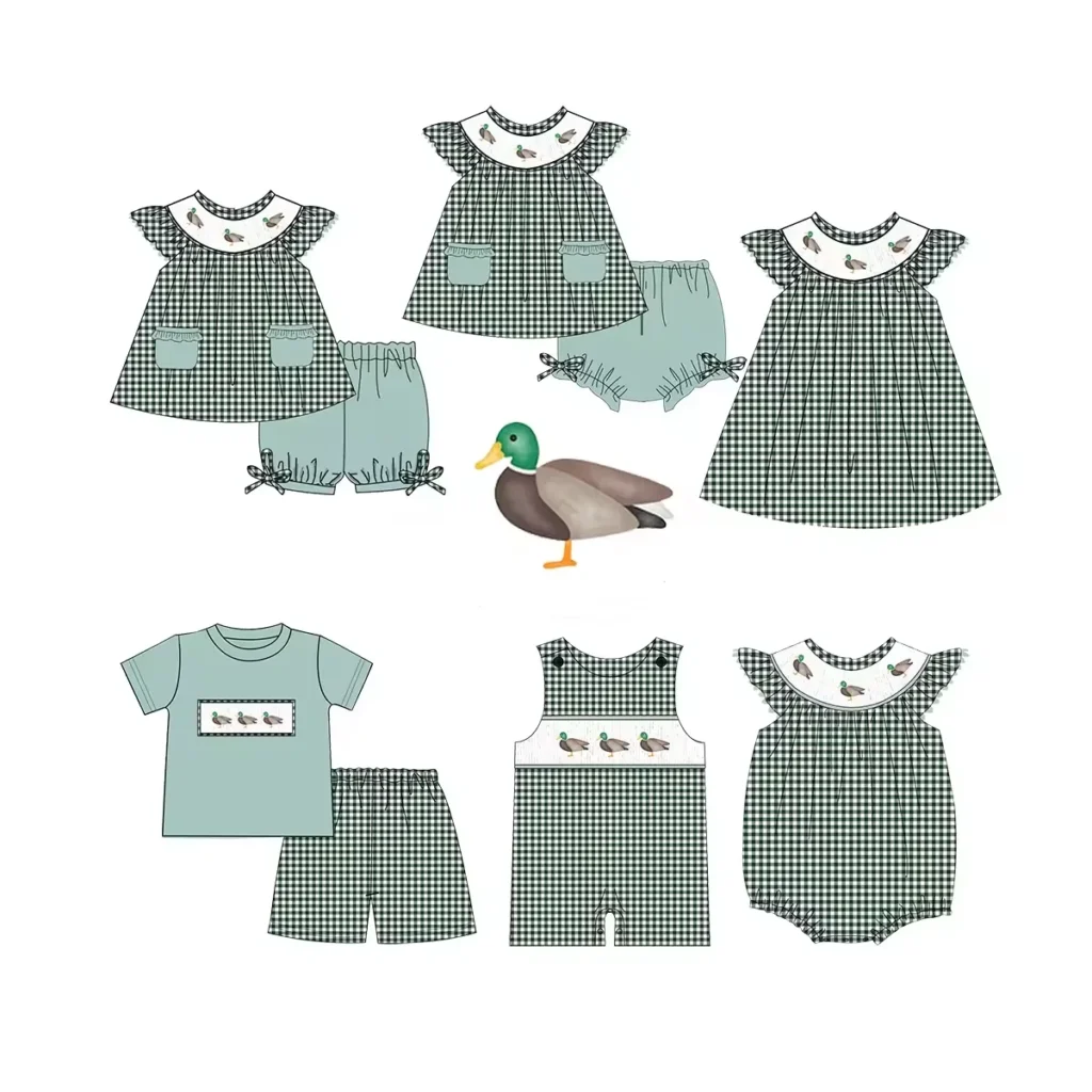 Conjunto de caza, ropa para niño pequeño, ropa para niña, conjunto de pantalones cortos de manga corta, mono, patrón mallard, ropa de Boutique para niño