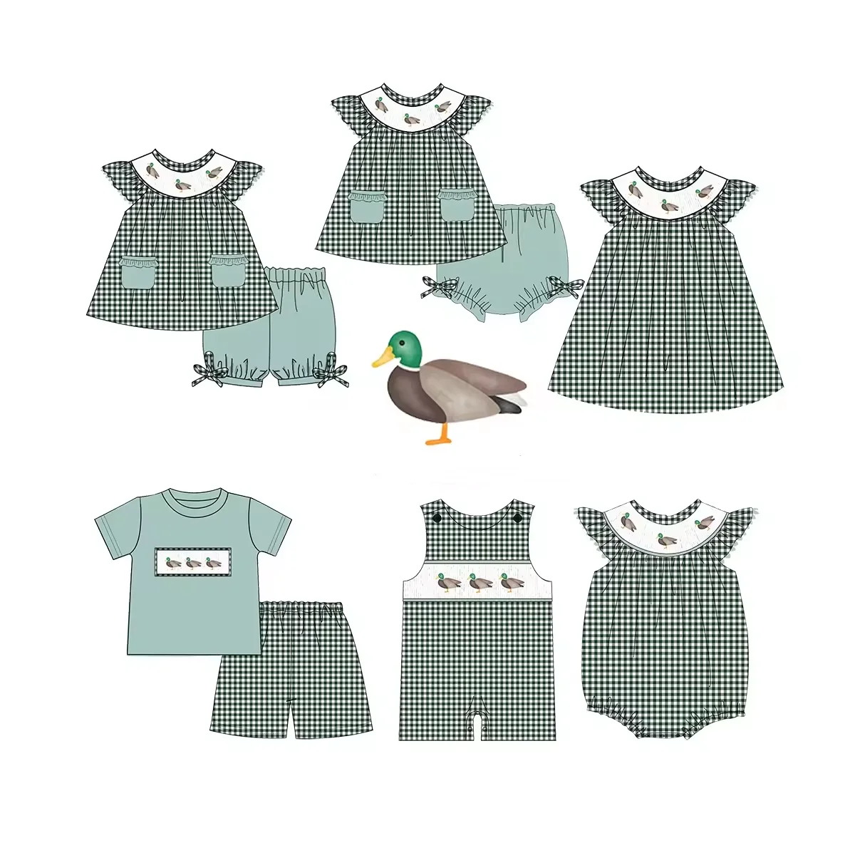 Conjunto de caza, ropa para niño pequeño, ropa para niña, conjunto de pantalones cortos de manga corta, mono, patrón mallard, ropa de Boutique para niño