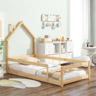 Marco de madera para cama de dos tamaños, cabecera en forma de casa y valla, estilo Montessori