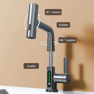 Grifo de lavabo de cascada A72P, grifo extraíble para cocina y baño, temperatura de lluvia, pantalla Digital, sin batería, blanco