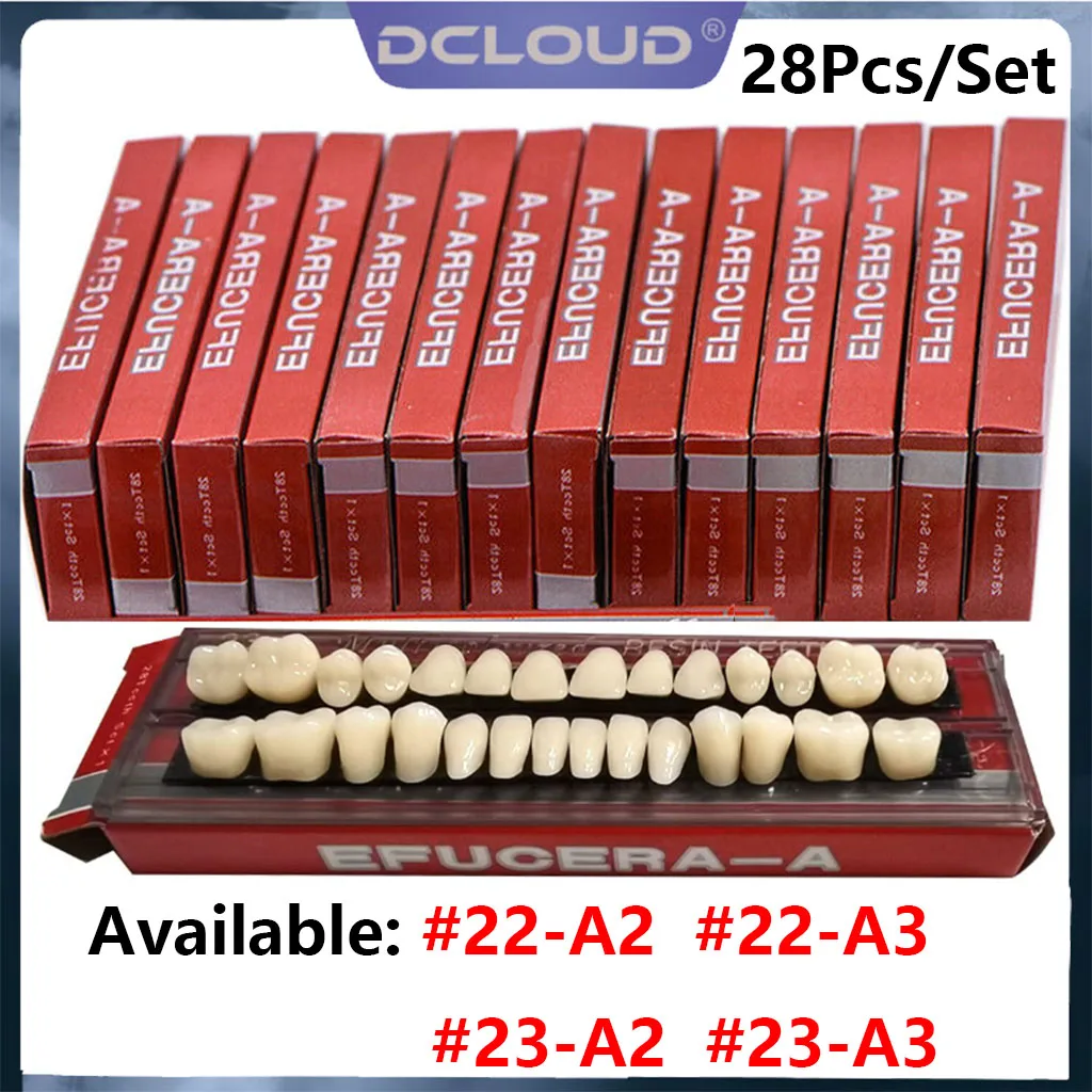 28 dientes dentadura postiza dental resina acrílica dientes completos sombra superior inferior 22 #   23 #   Investigación de dientes postizos A2/A3 en el modelo educativo del dentista