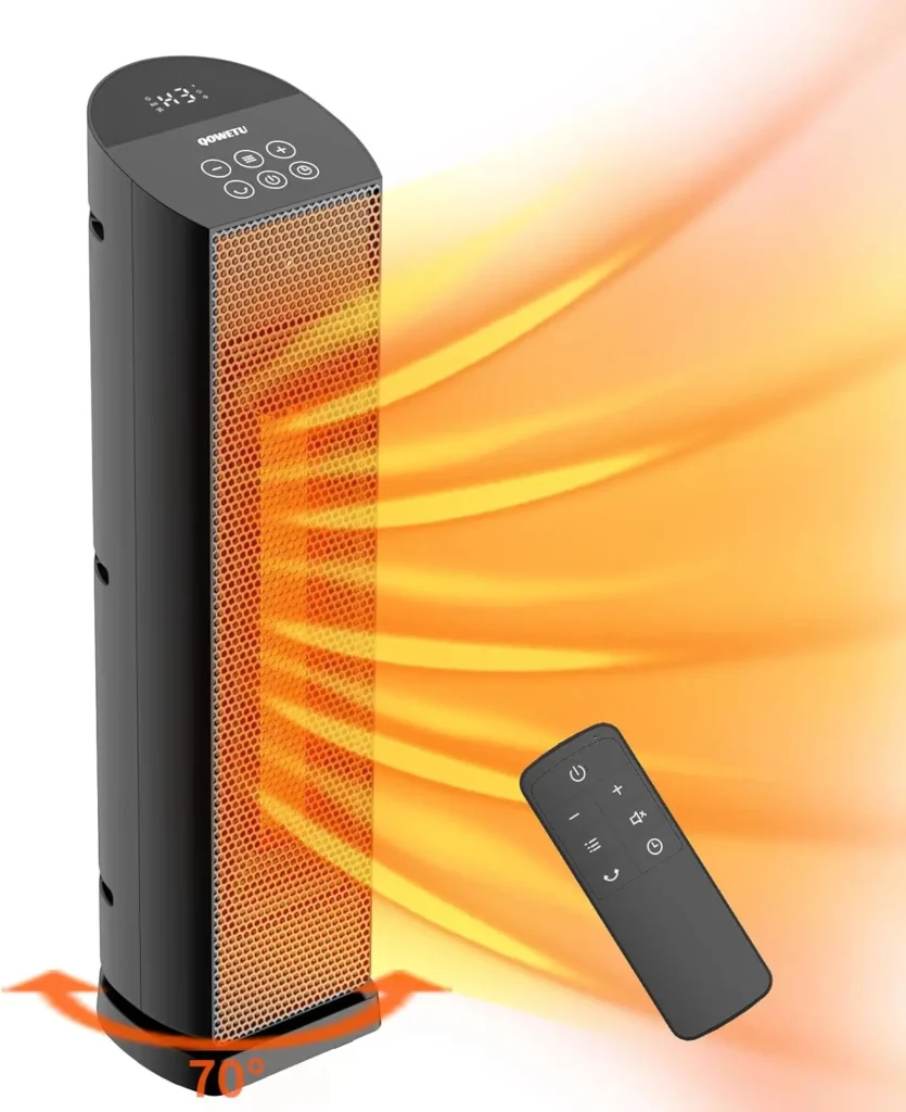 Calentador de espacio para uso en interiores con control remoto - 70 ° Calentador eléctrico de torre oscilante, 24 pulgadas, temporizador de 12 horas, cerámica PTC silenciosa de 1500 W