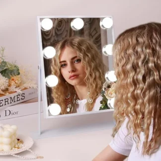 Espejo de tocador iluminado con 9 bombillas LED, con lupa desmontable de 10x, 3 modos de iluminación de colores, 360 ° giratorio