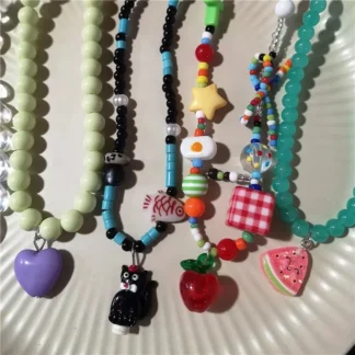 Verano de moda colorido lindo gato negro pequeño pez corazón Bowknot colgante de dibujos animados collar de cuentas colección joyería versátil Y2K