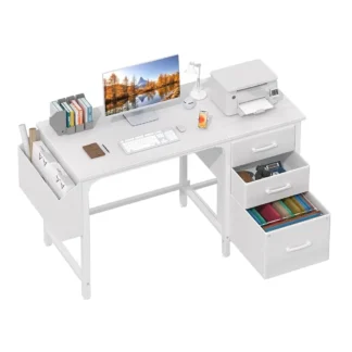 Escritorio blanco con cajón de tela, escritorio de ordenador Reversible de 47 H con archivador para dormitorio, espacio pequeño para el hogar