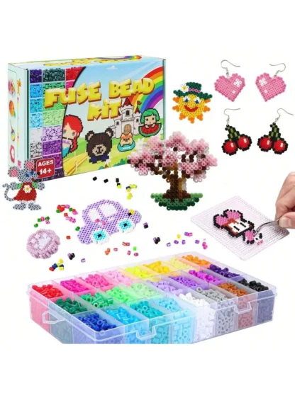 Juego de cuentas de fusibles de 2400 piezas, juego de cuentas de fusibles de 5 mm, kit de manualidades para hacer joyas con rompecabezas 3D de arte de píxel, juego de regalo artesanal adecuado para principiantes