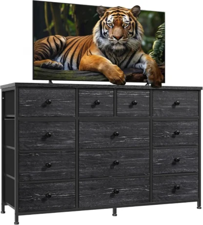 Bla-cómoda para dormitorio con 13 cajones de tela, vestidores largos para dormitorio, cómoda con parte superior de madera, marco de Metal resistente