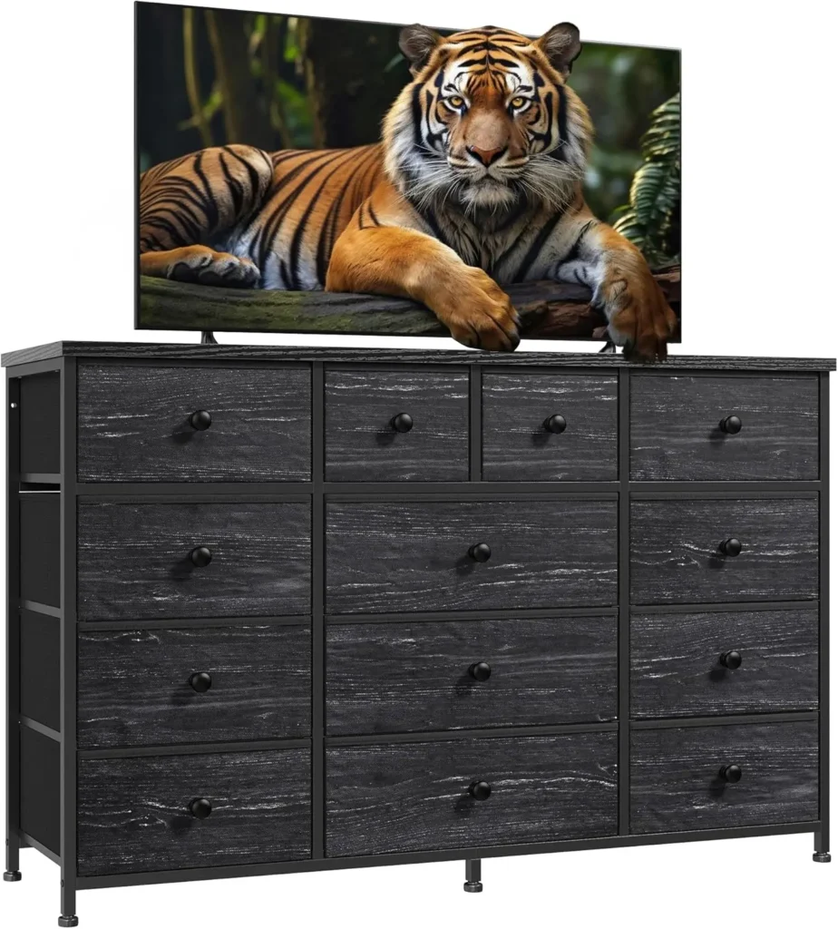 Bla-cómoda para dormitorio con 13 cajones de tela, vestidores largos para dormitorio, cómoda con parte superior de madera, marco de Metal resistente