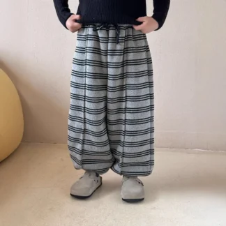 Pantalones para niños nuevos 2024 Otoño Invierno moda a rayas coreano Casual estilo Simple holgado agregar terciopelo