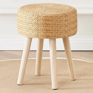 Taburete otomano redondo con patas de madera maciza, reposapiés de Jacinto tejido a mano, taburete de paso para sala de estar