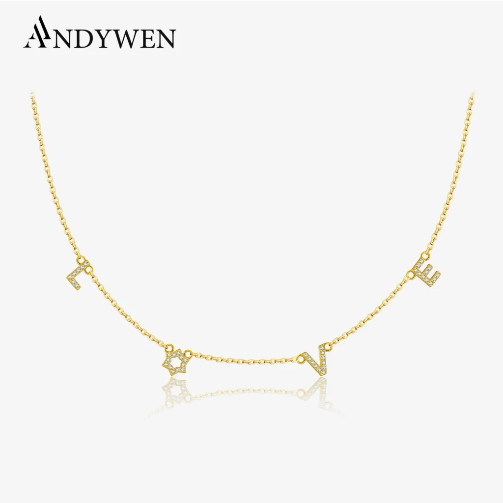 ANDYWEN, nuevo collar largo con colgante de estrella de David de circonia cúbica con letras de amor de Plata de Ley 925, joyería de moda para mujer de invierno 2025