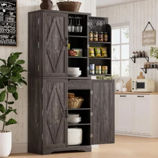 Gabinete de despensa de cocina, gabinete de almacenamiento alto de 71 pulgadas con estante para gafas, 10 ganchos, 6 estantes de puertas, armario independiente con barn Doo