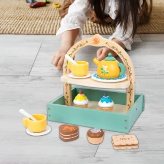 Juego de té de madera creativo con soporte para magdalenas, juego de té, accesorios de cocina para niñas, niños de 3 a 6 años, regalo de cumpleaños